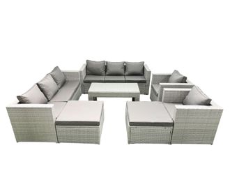 Fimous Outdoor Garden Furniture Rattan Sofa Set with 2 Armchairs Oblong Coffee Table 2 Big Footstools Light Grey Mixed