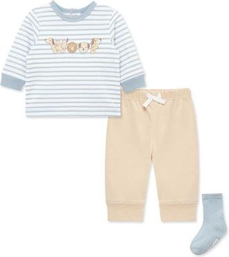 Little Me Woof Stripe Shirt, Joggers & Socks Set in Tan at Nordstrom, Size 24M