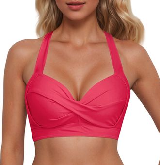Generic Womens Bikini Tops Halter Neck Plus Size Swimwear Top Front Twist Self Tie Bathing Suit Push Up Padded Swim Bikini Top for Women UK Big Bust