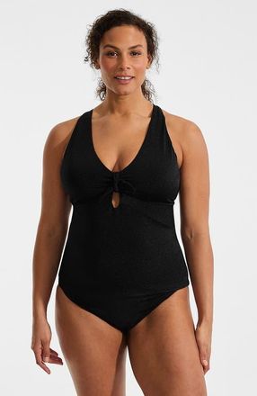 Lands End Shine Ribbed Tankini Top and High Waisted Bottom Swimsuit Set in Black Ottoman at Nordstrom, Size 1X