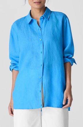 Eileen Fisher Classic Long Sleeve Organic Linen Button-Up Shirt in Azure at Nordstrom Rack, Size Medium P