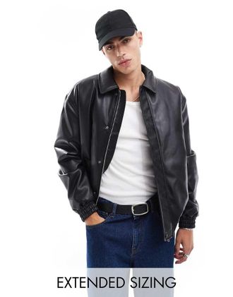 Asos Giacca harrington imbottita in pelle sintetica oversize nera-Nero