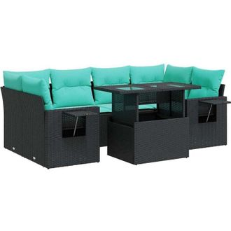 vidaXL 7 Piece Garden Sofa Set with Cushions Black Poly Rattan Acacia vidaXL