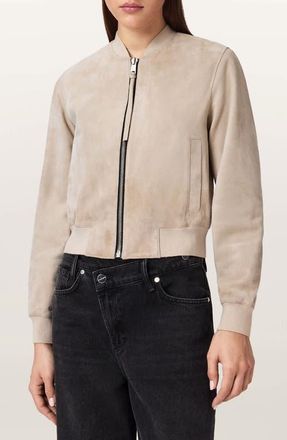 AllSaints Orten Suede Bomber Jacket in Silver Birch Grey at Nordstrom, Size 10 Us