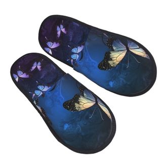 Generic Fleece Slippers Background With Night Butterflies Breathable House Slippers Non-Slip Indoor Shoes For Guest Room Home Winter M
