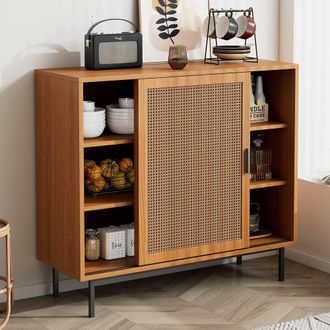 Merax Rattan Sliding Door Sideboard Kitchen Cabinet with Adjustable Shelves in Walnut