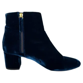Aquazzura Baroque Block-Heel Ankle Boots in Navy Blue Velvet