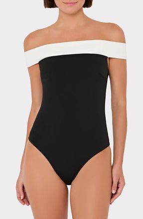 Milly Off the Shoulder One-Piece Swimsuit in Black/White at Nordstrom, Size Small