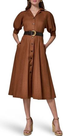 DKNY Linen Blend Midi Shirtdress in Cognac at Nordstrom, Size 10