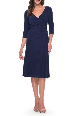 La Femme Chic Tea Length Jersey Dress with Ruching in Navy at Nordstrom, Size 10