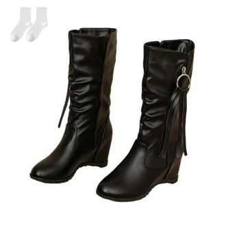 Generic Womens Wedge Heel Boots, Fashionable Round Toe Mid-Calf Slouch Boots with Ring Decoration And Non-Slip Sole, Slip-On Comfortable Autumn Winter Ankle B