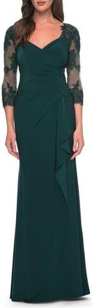 La Femme Lace and Net Jersey Gown with Illusion Sleeves in Hunter Green at Nordstrom, Size 12
