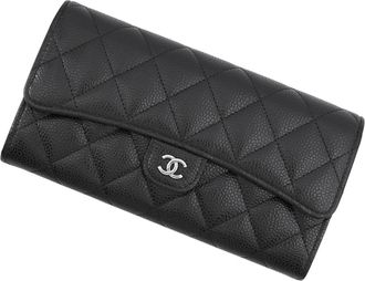 Chanel Black Grained Calfskin Long Wallet (Bi-Fold) (Pre-Owned)