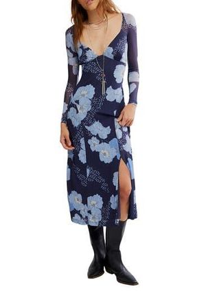 Free People Calla Floral Long Sleeve Knit Midi Dress in Sky Combo at Nordstrom Rack, Size Small