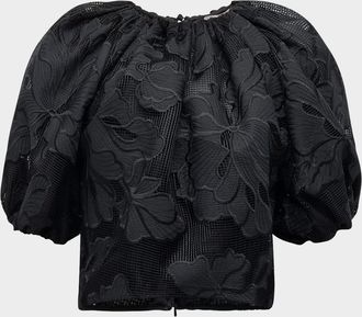 Lela Rose Floral Embroidered Short-Sleeve Bubble Top