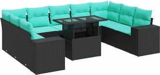 vidaXL 10 Piece Garden Sofa Set with Cushions Black Poly Rattan Acacia vidaXL