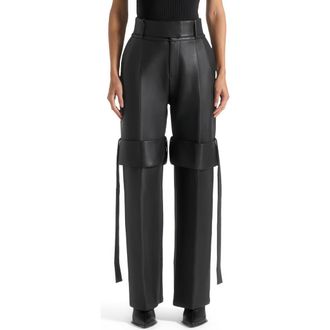 Mani&egrave;re De Voir Isabelle Leather Belted Strap Detail Trousers in Black at Nordstrom, Size 12