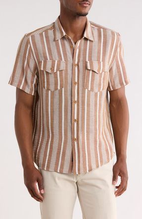 Frye Stripe Short Sleeve Button-Up Shirt in Tan at Nordstrom Rack, Size X-Large