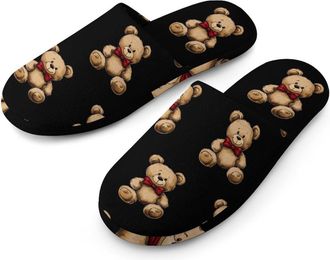 Generic Teddy Bears Flannel Mens Slip-on Slippers Winter Warm House Shoes with Rubber Sole for Home Hotel