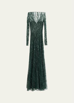 Naeem Khan Long-Sleeve Beaded Tulle A-Line Gown