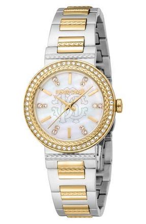 Roberto Cavalli Textured Crystal Two-Tone Quartz Bracelet Watch, 30mm in Two Tone Silver & Gold at Nordstrom Rack