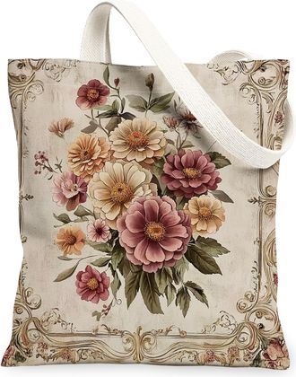 Generic Spring Aesthetic Zinnia Canvas Tote Bag for Shopping 13x15, Vintage Retro Floral Reusable Grocery Print Pattern Bag for Women Men, Abstract Flower Aes