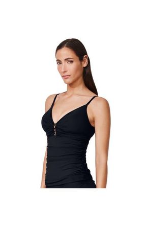 Gottex Tutti Frutti V-Neck Gold Beaded Tankini Top in Black at Nordstrom, Size 14