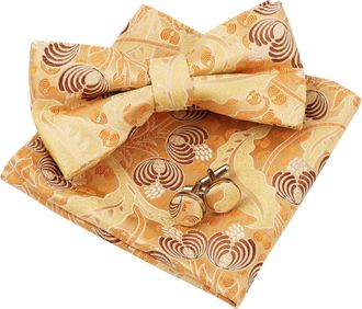 Alizeal Mens Floral Pre-tied Bow Tie, Pocket Square and Cufflinks Set Classic Formal Bowties for Business Wedding, Orange+Yellow