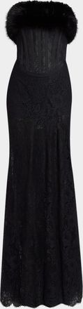 Elie Saab Faux-Fur Trim Strapless Lace Corset Gown