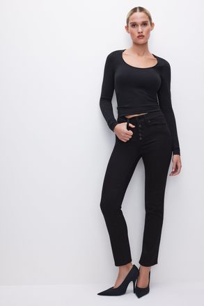 Good American Womens Never Fades Good Legs Straight Jeans | Extra Stretch, Flat Tummy Tech, Gap-Proof Waistband | Black, Size 24 Plus | Good