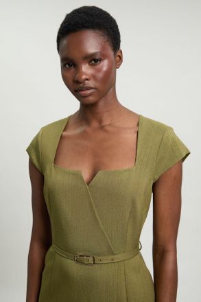 Karen Millen Womens Viscose Blend Belted Square Neck Tailored Pencil Dress - Green - Size 12 UK