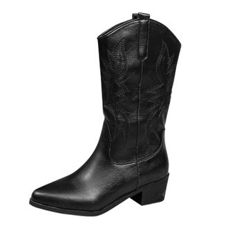 Generic Leather Boot High Boots Pointed Western Cowboy Boots Ladies (Black, 6.5)