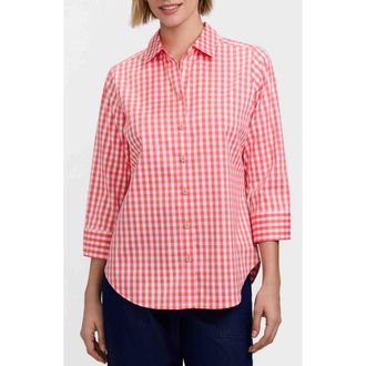 Foxcroft Margie Gingham Three-Quarter Sleeve Button-Up Shirt in Peachy Orange/White at Nordstrom, Size X-Large