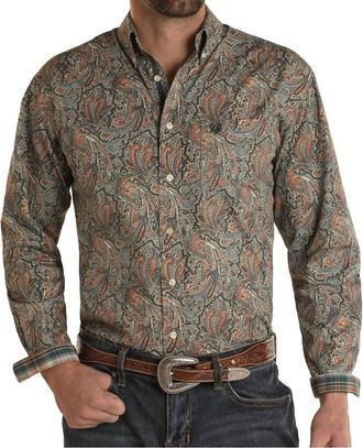 Panhandle Paisley Long Sleeve Single Pocket Button Down Shirt In Tan