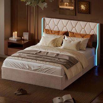 OEM Estructura De Cama 140x190 Cm - 240726ytt - Led - Hidr&aacute;ulica - Cama Doble - Terciopelo - 140x190 Cm - Beige