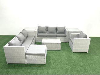 Fimous Wicker pe Rattan Sofa Garden Furniture Set with Armchair Oblong Coffee Table Big Footstool 2 Side Tables Light Grey Mixed - Fimous