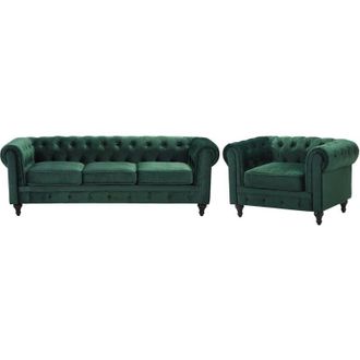 Beliani Living Room Set 4 Seater CHESTERFIELD Velvet Emerald Green