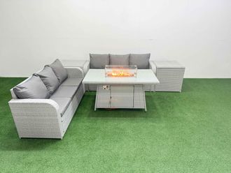 Fimous Outdoor Garden Furniture Sets 6 Seater Wicker Rattan Furniture Sofa Sets w/ Firepit Dining Table high Back Lounge Sofa 2 Side Table Light Grey