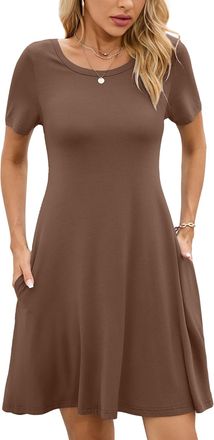Generic Womens Summer Dresses Casual T-Shirt Short Sleeve Dress Loose Swing Short Dress with Pockets Brown