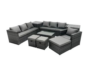 Fimous 10-seater Patio Coffee Table Sofa Set with 3 Stools 2 Side Tables in Dark Grey