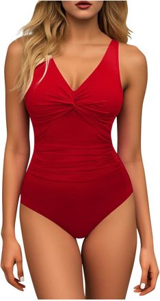 Generic Womens Swimming Costumes Padded Modest Swimsuits Push Up Full Coverage Bathing Suit One Piece Adjustable Straps Swimwear Twisted Knot Front Tummy Cont