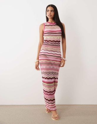 Kiwi & Co Walking On Sunshine - Vestito da mare lungo senza maniche accollato alluncinetto rosa a righe