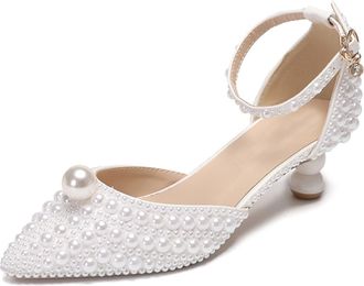 Minitoo Womens Closed Toe Low Heel Wedding Formal Party Pumps Shoes with Decoration G001 White Jeweled UK 5