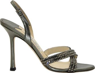 Jimmy Choo London Crystal-Embellished Cross Strap Sandals in Silver Gunmetal Leather