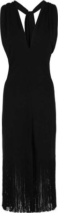 Ferragamo Womens Plunging Sleeveless Fringe-Hem Midi Dress In Black