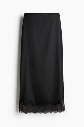 H&M Lace-trimmed Satin Skirt in Black at Nordstrom, Size 10