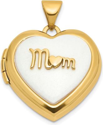 Diamond2Deal 14k Gold Polished White Agate MOM Script 18mm Heart Locket