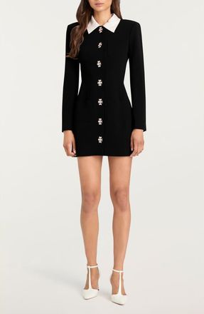 Cinq &agrave; Sept Sheryl Crystal Button Long Sleeve Coat Minidress in Black/Ivory at Nordstrom, Size 12
