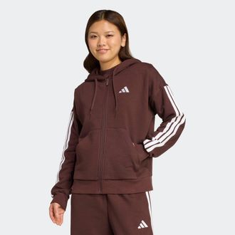 adidas Kapuzensweatshirt ADIDAS SPORTSWEAR ESSENTIALS 3-STREIFEN FULL-ZIP FLEECE, Damen, Gr. XS, shadow braun, wei&szlig;, Obermaterial: 55% Baumwolle, 36% Polyest