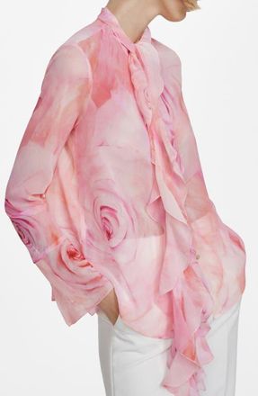 Mango Floral Ruffle Tie Neck Button-Up Top in Light Pastel Pink at Nordstrom, Size 6